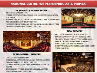 NATIONAL CENTRE FOR PERFORMING ARTS, MUMBAI
•
•
•
•
DR JAMSHED J BHABHA THEATRE
•
•
•
•
EXPERIMENTAL THEATRE
•
•
•
•
•
•
•
TATA THEATRE