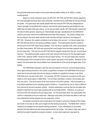 108
are generally determined based on the crack-opening widths (Ohtsu et al. 2002) or similar
measurements.
Based on visual inspection alone, the SP11G7, SP11G8, and SP10G7 girders appeared
the most damaged because there were extensive, unsealed cracks extending all the way through
the girder. The post-repair test results agreed with this because SP11G8 was categorized as
“heavy damage” by the NDIS-2421 criterion, and had the worst results (by percentage) for the
SSM ratio and peak CSS ratio criteria. As for the pre-repair results, SP11G8 actually “performed”
the best of all the girders, receiving an “intermediate damage” classification for the NDIS-2421
criterion and lower ratios for the SSM Ratio and Peak CSS analyses. The drastic change from
the pre-repair to the post-repair results would normally indicate a decline in the integrity of
SP11G8. However, the support conditions must be taken into account. For the pre-repair test,
SP11G8 still had aid from the bearing pad/false support. This bearing pad was the hardest to
remove prior to the FRP repair being installed. This may be an indication that, when compared to
the other three girders, SP11G8 was receiving the most support from the false supports during
the pre-repair test. This may be why SP11G8 had the biggest change from the pre- to post-repair
behavior. The additional girder support could have reduced the demand on the damaged region
of SP11G8—yielding “better” results for the pre-repair testing. For the post-repair test, however,
all bearing pads were removed so that no extra support was given to the girders. Because of this
reason, the post-repair test was probably more representative of the actual damaged state of the
girders.
The SSM Ratio evaluation used the same procedure for the pre- and post-repair testing.
Once again looking at trends in the results, a significant increase in the SSM Ratio from the pre-
repair test to the post-repair test did not always correlate to a significant increase in the Peak
CSS Ratio from one test to the other. For example, SP10G7 showed an increase from 8% (pre-
repair) to 42% (post-repair) in SSM Ratio. For the Peak CSS Ratio, however, the increase was
from 2% to 8%. This trend seems to be more evident in the SP10 girders. This inconsistency is
most likely explained by the changing support conditions. It could also be due to using a different
time interval for the two evaluation criteria. Another explanation could be that the pre-repair test
applied a load that had never been experienced by the bridge before. Therefore, an extensive
amount of AE was caused by the pre-repair tests. For the post-repair tests, the load applied was
similar in magnitude to the pre-repair test. Although using ratios minimizes this effect, it still may
have affected the trends between the two evaluation criteria.
No specific conclusions were made about the change in structural integrity of the bridge,
but trends in the data do offer some insight into the testing procedures. The NDIS-2421 criterion
needed to be adapted for this specific testing procedure. It was redeveloped to accurately
describe the load effect that was being experienced by the bridge. The historic index was used to
identify the onset of significant acoustic emission. A more direct approach was taken to
 