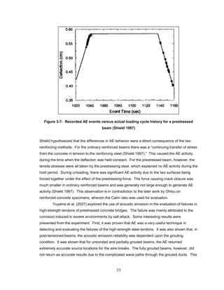 33
Figure 3-7: Recorded AE events versus actual loading cycle history for a prestressed
beam (Shield 1997)
Shield hypothesized that the differences in AE behavior were a direct consequence of the two
reinforcing methods. For the ordinary reinforced beams there was a “continuing transfer of stress
from the concrete in tension to the reinforcing steel (Shield 1997).” This caused the AE activity
during the time when the deflection was held constant. For the prestressed beam, however, the
tensile stresses were all taken by the prestressing steel, which explained no AE activity during the
hold period. During unloading, there was significant AE activity due to the two surfaces being
forced together under the effect of the prestressing force. The force causing crack closure was
much smaller in ordinary reinforced beams and was generally not large enough to generate AE
activity (Shield 1997). This observation is in contradiction to the later work by Ohtsu on
reinforced concrete specimens, wherein the Calm ratio was used for evaluation.
Yuyama et al. (2007) explored the use of acoustic emission in the evaluation of failures in
high-strength tendons of prestressed concrete bridges. The failure was mainly attributed to the
corrosion induced in severe environments by salt attack. Some interesting results were
presented from the experiment. First, it was proven that AE was a very useful technique in
detecting and evaluating the failures of the high-strength steel tendons. It was also shown that, in
post-tensioned beams, the acoustic emission reliability was dependent upon the grouting
condition. It was shown that for unbonded and partially grouted beams, the AE returned
extremely accurate source locations for the wire breaks. The fully grouted beams, however, did
not return as accurate results due to the complicated wave paths through the grouted ducts. This
 