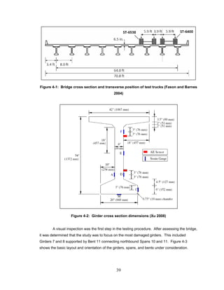 39
Figure 4-1: Bridge cross section and transverse position of test trucks (Fason and Barnes
2004)
Figure 4-2: Girder cross section dimensions (Xu 2008)
A visual inspection was the first step in the testing procedure. After assessing the bridge,
it was determined that the study was to focus on the most damaged girders. This included
Girders 7 and 8 supported by Bent 11 connecting northbound Spans 10 and 11. Figure 4-3
shows the basic layout and orientation of the girders, spans, and bents under consideration.
 