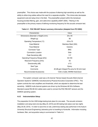 42
preamplifier. This choice was made with the purpose of attaining high sensitivity as well as the
ability to utilize long cables without the need for a separate amplifier. This choice also decreases
equipment cost and setup time in the field. The preamplifier present within the transducer
housing provides filtering, gain, and cable drive capability (ASNT 2005). Filtering in the
preamplifier is the primary means of defining monitoring frequency for the acoustic emission test.
Table 4-1: PAC R6I-AST Sensor summary information (Adapted from PCI 2002)
Characteristic Value
Dimensions (Diameter x Height) (mm) 29 x 40
Weight (g) 98
Operating Temperature (˚C) -35 to 75
Case Material Stainless Steel (304)
Face Material Ceramic
Connector Type BNC
Connection Location Side
Peak Sensitivity (dB) 117
Operating Frequency Range (kHz) 40-100
Resonant Frequency (kHz) 55
Directionality (dB) ±1.5
Seal Type Epoxy
Comments 40 dB gain Integral Pre-amp for 50 ohm load
Recommended Accessories 1234-x Cable, MHR6I Hold-Down
The system computer used was a 24-channel “Sensor-based Acoustic Multi-channel
Operation Systems” (SAMOS) manufactured by Physical Acoustics Corporation (PAC). This
system controls the main amplifiers and thresholds, which are adjusted to determine the test
sensitivity. SAMOS multi-channel systems are driven by the Windows AE-Win Software.
Standard coaxial RG-58 A/U cables were used to connect the PAC R6I-AST sensors and the
SAMOS operating system.
4.4.3 Instrumentation Setup
The preparation for the I-565 bridge testing took place for one week. The acoustic emission
installation and setup took one day (May 24, 2010) and AE testing took place over two nights
(May 25-26, 2010). In order to save time on site, preliminary testing was performed in the Auburn
University Structural Engineering Laboratory prior to travelling to Huntsville. Information including
hardware, filter, and acquisition setup is summarized in Table 4-2.
 