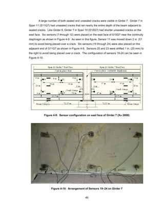 46
A large number of both sealed and unsealed cracks were visible in Girder 7. Girder 7 in
Span 11 (S11G7) had unsealed cracks that ran nearly the entire depth of the beam adjacent to
sealed cracks. Like Girder 8, Girder 7 in Span 10 (S10G7) had shorter unsealed cracks on the
east face. Six sensors (7 through 12) were placed on the east face of S10G7 near the continuity
diaphragm as shown in Figure 4-9. As seen in this figure, Sensor 11 was moved down 2 in. (51
mm) to avoid being placed over a crack. Six sensors (19 through 24) were also placed on the
adjacent end of S11G7 as shown in Figure 4-9. Sensors 20 and 23 were shifted 1 in. (25 mm) to
the right to avoid being placed over a crack. The configuration of sensors 19-24 can be seen in
Figure 4-10.
Figure 4-9: Sensor configuration on east face of Girder 7 (Xu 2008)
Figure 4-10: Arrangement of Sensors 19–24 on Girder 7
 