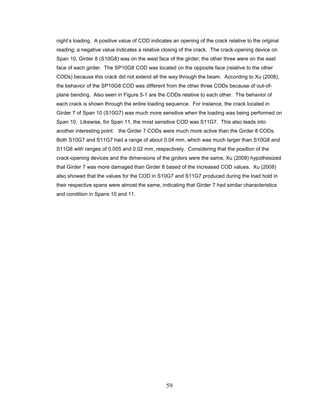 59
night’s loading. A positive value of COD indicates an opening of the crack relative to the original
reading; a negative value indicates a relative closing of the crack. The crack-opening device on
Span 10, Girder 8 (S10G8) was on the west face of the girder; the other three were on the east
face of each girder. The SP10G8 COD was located on the opposite face (relative to the other
CODs) because this crack did not extend all the way through the beam. According to Xu (2008),
the behavior of the SP10G8 COD was different from the other three CODs because of out-of-
plane bending. Also seen in Figure 5-1 are the CODs relative to each other. The behavior of
each crack is shown through the entire loading sequence. For instance, the crack located in
Girder 7 of Span 10 (S10G7) was much more sensitive when the loading was being performed on
Span 10. Likewise, for Span 11, the most sensitive COD was S11G7. This also leads into
another interesting point: the Girder 7 CODs were much more active than the Girder 8 CODs.
Both S10G7 and S11G7 had a range of about 0.04 mm, which was much larger than S10G8 and
S11G8 with ranges of 0.005 and 0.02 mm, respectively. Considering that the position of the
crack-opening devices and the dimensions of the girders were the same, Xu (2008) hypothesized
that Girder 7 was more damaged than Girder 8 based of the increased COD values. Xu (2008)
also showed that the values for the COD in S10G7 and S11G7 produced during the load hold in
their respective spans were almost the same, indicating that Girder 7 had similar characteristics
and condition in Spans 10 and 11.
 