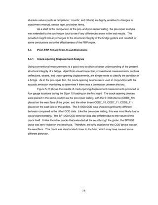 75
absolute values (such as ‘amplitude’, ‘counts’, and others) are highly sensitive to changes in
attachment method, sensor type, and other items.
As a start to the comparison of the pre- and post-repair testing, the pre-repair analysis
was extended to the post-repair data to see if any differences arose in the test results. This
provided insight into any changes to the structural integrity of the bridge girders and resulted in
some conclusions as to the effectiveness of the FRP repair.
5.4 POST-FRP REPAIR RESULTS AND DISCUSSION
5.4.1 Crack-opening Displacement Analysis
Using conventional measurements is a good way to obtain a better understanding of the present
structural integrity of a bridge. Apart from visual inspection, conventional measurements, such as
deflections, strains, and crack-opening displacements, are simple ways to classify the condition of
a bridge. As in the pre-repair test, the crack-opening devices were used in conjunction with the
acoustic emission monitoring to determine if there was a correlation between the two.
Figure 5-10 shows the results of crack-opening displacement measurements produced in
four gauge locations during the Span 10 loading on the first night. The crack-opening devices
were placed in the same position as the pre-repair testing, with the S10G8 device (COD8_10)
placed on the west face of the girder, and the other three (COD7_10, COD7_11, COD8_11)
placed on the east face of the girders. The S10G8 COD data showed significantly different
behavior compared to the other COD data. Like the pre-repair testing, this was most likely due to
out-of-plane bending. The SP10G8 COD behavior was also different due to the nature of the
crack itself. Unlike the other cracks that extended all the way through the girder, the SP10G8
crack was only visible on the west face. Therefore, the only location for the COD device was on
the west face. This crack was also located closer to the bent, which may have caused some
different behavior.
 