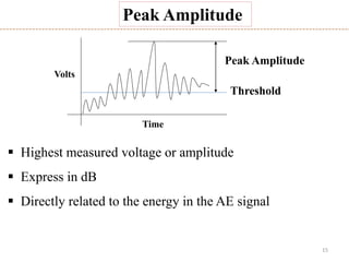 15
 Highest measured voltage or amplitude
 Express in dB
 Directly related to the energy in the AE signal
Time
Threshold
Volts
Peak Amplitude
Peak Amplitude
 