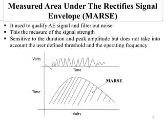 18
Measured Area Under The Rectifies Signal
Envelope (MARSE)
 It used to qualify AE signal and filter out noise
 This the measure of the signal strength
 Sensitive to the duration and peak amplitude but does not take into
account the user defined threshold and the operating frequency
MARSE
Volts
Time
Time
Volts
 