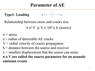 8
Parameter of AE
6 a2 V ≥ 5 × 104 𝑥 ℎ (𝑤𝑎𝑡𝑡𝑠)
Relationship between stress and cracks size
σσType1- Loading
σ = stress
a = radius of detectable AE cracks
V = radial velocity of cracks propagation
h = distance between the source and receiver
x = smallest displacement that the sensor can sense
σ a V are called the source parameter for an acoustic
emission events
 