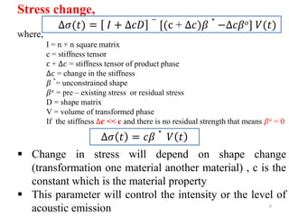 9
Stress change,
where,
I = n × n square matrix
c = stiffness tensor
c + ∆𝑐 = stiffness tensor of product phase
∆𝑐 = change in the stiffness
𝛽
∗
= unconstrained shape
𝛽 𝑜 = pre – existing stress or residual stress
D = shape matrix
V = volume of transformed phase
If the stiffness ∆𝒄 << c and there is no residual strength that means 𝛽 𝑜 = 0
 Change in stress will depend on shape change
(transformation one material another material) , c is the
constant which is the material property
 This parameter will control the intensity or the level of
acoustic emission
∆𝜎 𝑡 = 𝑐𝛽
∗
𝑉 𝑡
∆𝜎(𝑡) = 𝐼 + ∆𝑐𝐷
−
[(c + ∆𝑐)𝛽
∗
−∆𝑐𝛽 𝑜] 𝑉(𝑡)
 