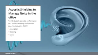 Acoustic Shielding to
Manage Noise in the
office
Provide Superb acoustic performance
for a optimal working environment
based on Acoustics “ABC”:
• Absorption
• Blocking
• Cover
 