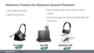 Plantronics Products for Maximum Acoustic Protection
> TCO-Edge certified
> N@W compliant
> Fast-acting limiter that reduces loud
noises
> Limits average sound level to 85 dB over
an 8-hour
CS 510/20 Savi 740 Blackwire 720
 