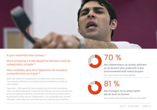 A quoi ressemble votre bureau ?
Votre entreprise a-t-elle adopté les derniers outils de
collaboration virtuelle ?
Vous constatez peut-être l’apparition de nouveaux
comportements au travail ?
Quels que soient les changements constatés dans votre entreprise,
nous pouvons affirmer qu’une approche plus intelligente du travail se
met en place.
Cependant, cette approche s’accompagne de contraintes acoustiques.
Selon une récente étude de l’université de Californie, les bruits parasites sur
le lieu de travail perturbent la concentration, diminuent la productivité et
augmentent le stress de vos collaborateurs. Ces contraintes sont souvent
négligées, même dans les environnements de travail les plus modernes.
70 %
des collaborateurs au bureau estiment
qu’ils seraient plus productifs si leur
environnement était moins bruyant
Source : American Society of Interior Designers (ASID) (1997)
81 %
des managers ne se préoccupent
pas du bruit au bureau
Source : Occupational Health & Safety Magazine (2002) [suite à l’étude de l’ASID]
PRECEDENTACCUEIL SUIVANT
 