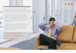 Quelles sont donc les principales contraintes
acoustiques et que pouvez-vous faire pour minimiser
leur effet sur votre environnement Smarter Working ?
Les réponses se trouvent dans une approche
stratégique de l’acoustique que nous appelons
l’intelligence acoustique. Il s’agit avant tout de
créer un cadre permettant de traiter les problèmes
acoustiques et d’améliorer la productivité de
votre entreprise.
Dans ce guide, Plantronics vous présente l’approche
stratégique en matière d’acoustique qui vous
permettra d’optimiser le concept du Smarter
Working en vous basant sur trois principes de
l’intelligence acoustique.
Principe 1 : Votre espace de travail
Principe 3 : Vos collaborateurs
Principe 2 : Vos systèmes téléphoniques
PRECEDENT SUIVANTACCUEIL
 
