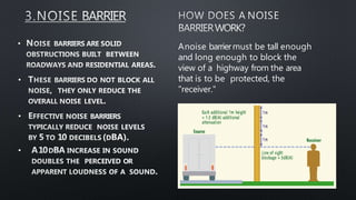 •
•
•
•
Anoise barriermust be tall enough
and long enough to block the
view of a highway from the area
that is to be protected, the
"receiver."
 