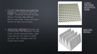 •
•
CLASS 1
FIRE RATED
ACOUSTICAL
FOAM
ANECHOIC
WEDGES
 