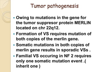 Tumor pathogenesis
 Owing to mutations in the gene for
the tumor suppresor protein MERLIN
located on chr 22q12.
 Formation of VS requires mutation of
both copies of the merlin gene.
 Somatic mutations in both copies of
merlin gene results in sporadic VSs .
 Familial VS occuring in NF 2 requires
only one somatic mutation event .(
inherit one )
 
