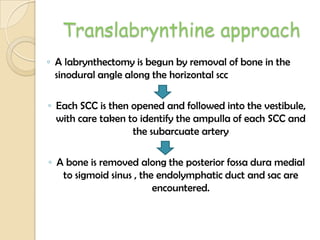 Translabrynthine approach
◦ A labrynthectomy is begun by removal of bone in the
sinodural angle along the horizontal scc
◦ Each SCC is then opened and followed into the vestibule,
with care taken to identify the ampulla of each SCC and
the subarcuate artery
◦ A bone is removed along the posterior fossa dura medial
to sigmoid sinus , the endolymphatic duct and sac are
encountered.
 