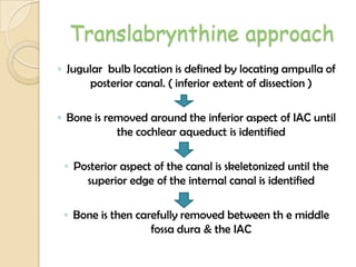 Translabrynthine approach
◦ Jugular bulb location is defined by locating ampulla of
posterior canal. ( inferior extent of dissection )
◦ Bone is removed around the inferior aspect of IAC until
the cochlear aqueduct is identified
◦ Posterior aspect of the canal is skeletonized until the
superior edge of the internal canal is identified
◦ Bone is then carefully removed between th e middle
fossa dura & the IAC
 