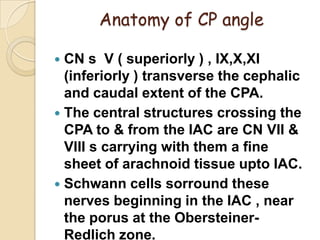 Anatomy of CP angle
 CN s V ( superiorly ) , IX,X,XI
(inferiorly ) transverse the cephalic
and caudal extent of the CPA.
 The central structures crossing the
CPA to & from the IAC are CN VII &
VIII s carrying with them a fine
sheet of arachnoid tissue upto IAC.
 Schwann cells sorround these
nerves beginning in the IAC , near
the porus at the Obersteiner-
Redlich zone.
 
