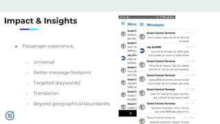 Impact & Insights
● Passenger experience;
○ Universal
○ Better message footprint
○ Targeted [keywords]
○ Translation
○ Beyond geographical boundaries
 