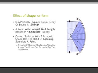 Effect of shape or form
▪ In A Perfectly Square Room, Decay
Of Sound Is Shorter.
▪ A Room With Unequal Wall Length
Results In A Smoother Decay.
▪ Curved Surfaces With A Parabolic
Shape Has The Habit Of Focusing
Sound At A Point.
– A Faintest Whisper Of A Person Standing
Across The Room Can Be Heard On This
Focal Point.
 