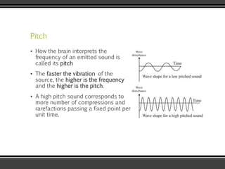 Pitch
▪ How the brain interprets the
frequency of an emitted sound is
called its pitch
▪ The faster the vibration of the
source, the higher is the frequency
and the higher is the pitch.
▪ A high pitch sound corresponds to
more number of compressions and
rarefactions passing a fixed point per
unit time.
 