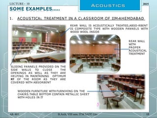 2015
SOME EXAMPLES…..
1. ACOUSTICAL TREATMENT IN A CL ASSROOM OF IIM-AHEMDABAD
REAR WALL IS ACOUSTICALLY TREATED,ABSO-RBEN...