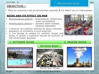 OBJECTIVE:-
• ROLE OF ACOUSTICS FOR AN EDUCATIONAL BUILDING & ITS IMPACT ON ITS FUNCTIONING.
NOISE AND ITS EFFECT ON MAN
•...