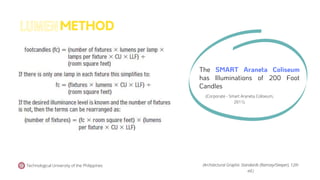Technological University of the Philippines
METHOD
(Architectural Graphic Standards (Ramsey/Sleeper), 12th
ed.)
The SMART Araneta Coliseum
has Illuminations of 200 Foot
Candles
(Corporate - Smart Araneta Coliseum,
2011).
LUMEN
 