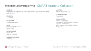 TECHNICAL FEATURES OF THE
Technological University of the Philippines
SMART Araneta Coliseum
Araneta Coliseum Turned 60: Iconic Events at the Big Dome. (2020).
LOCATION
Araneta City, Quezon City
TICKETING AGENCY
TicketNet Inc.
CONSULTANTS
Denzil E. Skinner CFE
International Facility Consultant Acoustic
Engineer: Jose Hermano
Sound Engineer: Martin Galan, Acoustic
Analysis Inc.
BUILDING
Dome-type with no post or any kind of obstruction at any viewing angle of the
audience area
LAND AREA
3.6 hectares
FLOOR AREA
9,660 square meters
DOME
Diameter: 354 ft. and 3 in.
Height: 140 ft.
CATWALK/GRID
Height: 70 ft.
Area: 80 ft. x 180 ft.
MAXIMUM LIVE LOAD
74,000 lbs.
 