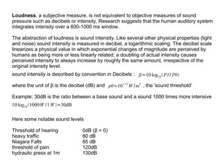 Loudness, a subjective measure, is not equivalent to objective measures of sound
pressure such as decibels or intensity. Research suggests that the human auditory system
integrates intensity over a 600-1000 ms window.
The abstraction of loudness is sound intensity. Like several other physical properties (light
and noise) sound intensity is measured in decibel, a logarithmic scaling. The decibel scale
linearizes a physical value in which exponential changes of magnitude are perceived by
humans as being more or less linearly related; a doubling of actual intensity causes
perceived intensity to always increase by roughly the same amount, irrespective of the
original intensity level.
sound intensity is described by convention in Decibels : β=10 log10  P1/ P0
where the unit of β is the decibel (dB) and p0=10−12 W / m2 , the 'sound threshold'
Example: 30dB is the ratio between a base sound and a sound 1000 times more intensive
10 log10 1000W /1 W =30dB
Here some notable sound levels
Threshold of hearing
heavy traffic
Niagara Falls
threshold of pain
hydraulic press at 1m

0dB (β = 0)
80 dB
85 dB
120dB
130dB

 