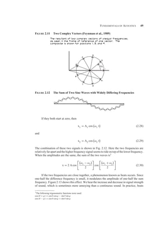 Fundamentals of Acoustics 49
Figure 2.11 Two Complex Vectors (Feynman et al., 1989)
Figure 2.12 The Sum of Two Sine Waves with Widely Differing Frequencies
If they both start at zero, then
x1 = A1 cos

ω1 t

(2.28)
and
x2 = A2 cos

ω2 t

(2.29)
The combination of these two signals is shown in Fig. 2.12. Here the two frequencies are
relatively far apart and the higher frequency signal seems to ride on top of the lower frequency.
When the amplitudes are the same, the sum of the two waves is1
x = 2 A cos

ω1 − ω2

2

cos

ω1 + ω2

2

(2.30)
If the two frequencies are close together, a phenomenon known as beats occurs. Since
one-half the difference frequency is small, it modulates the amplitude of one-half the sum
frequency. Figure 2.13 shows this effect. We hear the increase and decrease in signal strength
of sound, which is sometimes more annoying than a continuous sound. In practice, beats
1The following trigonometric functions were used:
cos (θ + ϕ) = cos θ cos ϕ − sin θ sin ϕ
cos (θ − ϕ) = cos θ cos ϕ + sin θ sin ϕ
 