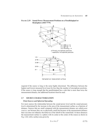 Fundamentals of Acoustics 65
Figure 2.19 Sound Power Measurement Positions on a Parallelepiped or
Hemisphere (ISO 7779)
required if the source is long or the noise highly directional. The difference between the
highest and lowest measured level must be less than the number of microphone positions.
If the source is long enough that the parallelepiped has a side that is more than twice the
measurement distance, the additional locations must be used.
2.7 SOURCE CHARACTERIZATION
Point Sources and Spherical Spreading
For most sources the relationship between the sound power level and the sound pressure
level is determined by the increase in the area of the measurement surface as a function of
distance. Sources that are small compared with the measurement distance are called point
sources, not because they are so physically small but because at the measurement distance
their size does not inﬂuence the behavior of the falloff of the sound ﬁeld. At these distances
the measurement surface is a sphere with its center at the center of the source as shown in
Fig. 2.20, with a surface area given by
S = 4 π r2
(2.73)
 