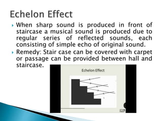  When sharp sound is produced in front of
staircase a musical sound is produced due to
regular series of reflected sounds, each
consisting of simple echo of original sound.
 Remedy: Stair case can be covered with carpet
or passage can be provided between hall and
staircase.
 