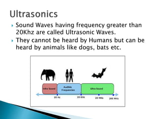  Sound Waves having frequency greater than
20Khz are called Ultrasonic Waves.
 They cannot be heard by Humans but can be
heard by animals like dogs, bats etc.
 