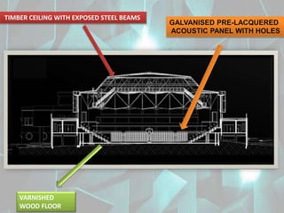 GALVANISED PRE-LACQUERED
ACOUSTIC PANEL WITH HOLES
TIMBER CEILING WITH EXPOSED STEEL BEAMS
VARNISHED
WOOD FLOOR
 