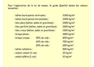 Pour l'application de la loi de masse, le guide Qualitel donne les valeurs
suivantes :
- béton lourd parois verticales : 2300 kg/m3
- béton lourd parois horizontales : 2400 kg/m3
- bloc plein (béton, sable et gravillons) : 2000 kg/m3
- bloc perforé (béton, sable et gravillons) : 1600 kg/m3
- bloc creux (béton, sable et gravillons) : 1300 kg/m3
- brique pleine : 1850 kg/m3
- brique creuse : 55% de vide : 845 kg/m3
60% de vide : 750 kg/m3
65% de vide : 655 kg/m3
- béton cellulaire : 500 kg/m3
- enduit ciment (1 cm) : 20 kg/m3
- enduit plâtre (1 cm) : 10 kg/m3
 