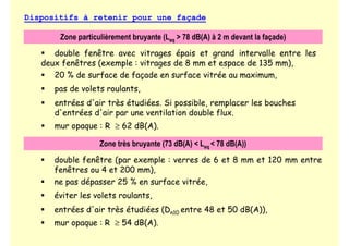 Dispositifs à retenir pour une façade
Zone particulièrement bruyante (Leq  78 dB(A) à 2 m devant la façade)
 20 % de surface de façade en surface vitrée au maximum,
 pas de volets roulants,
 entrées d'air très étudiées. Si possible, remplacer les bouches
d'entrées d'air par une ventilation double flux.
 mur opaque : R ≥ 62 dB(A).
Zone très bruyante (73 dB(A)  Leq  78 dB(A))
 double fenêtre (par exemple : verres de 6 et 8 mm et 120 mm entre
fenêtres ou 4 et 200 mm),
 ne pas dépasser 25 % en surface vitrée,
 éviter les volets roulants,
 entrées d'air très étudiées (Dn10 entre 48 et 50 dB(A)),
 mur opaque : R ≥ 54 dB(A).
 double fenêtre avec vitrages épais et grand intervalle entre les
deux fenêtres (exemple : vitrages de 8 mm et espace de 135 mm),
 