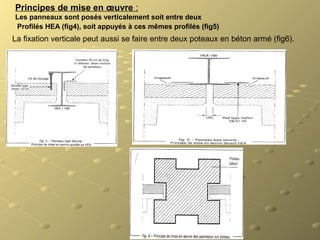 Principes de mise en œuvre :
Les panneaux sont posés verticalement soit entre deux
 Profilés HEA (fig4), soit appuyés à ces mêmes profilés (fig5)
La fixation verticale peut aussi se faire entre deux poteaux en béton armé (fig6).
 