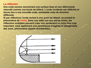 La réflexion:
Une onde sonore rencontrant une surface lisse et non déformante 
rebondit comme une boule de billard. L’onde incidente est réfléchie et 
donne lieu à une nouvelle onde, semblable mais de direction 
différente.
Si par réflexions l’onde revient à son point de départ, se produit le 
phénomène de l’écho. Dans une salle nue aux parois lisses, les 
réflexions multiples peuvent créer non seulement un écho bien trop 
important, mais également une persistance exagérée et désagréable 
des sons, phénomène appelé réverbération.
 
