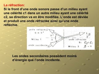 La réfraction:
Si le front d’une onde sonore passe d’un milieu ayant 
une célérité c1 dans un autre milieu ayant une célérité 
c2, sa direction va en être modifiée. L’onde est déviée 
et produit une onde réfractée ainsi qu’une onde 
réfléchie.
Les ondes secondaires possèdent moins 
d’énergie que l’onde incidente.
 