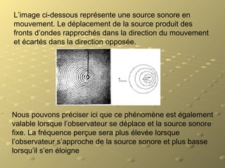 L’image ci-dessous représente une source sonore en
mouvement. Le déplacement de la source produit des
fronts d’ondes rapprochés dans la direction du mouvement
et écartés dans la direction opposée.
Nous pouvons préciser ici que ce phénomène est également
valable lorsque l’observateur se déplace et la source sonore
fixe. La fréquence perçue sera plus élevée lorsque
l’observateur s’approche de la source sonore et plus basse
lorsqu’il s’en éloigne
 