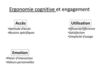 Ergonomie cognitive et engagement 
Accès 
Utilisation 
Emotion 
•Plaisir d’interaction 
•Valeurs personnelles 
•Aptitude d...
