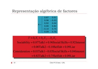 Representação algébrica de factores
                           0.87   0.01 
                                       
                           0.96 − 0.03 
                           0.92   0.04 
                        A=             
                           0.00   0.82 
                                       
                           − 0.10 0.75 
                           0.09   0.70 
                                       


              Y = b1 X 1 + b2 X 2 K bn X n
     Sociability = 0.87Talk1 + 0.96Social Skills + 0.92Interest
                 + 0.00Talk2 − 0.10Selfish + 0.09Liar
Consideration = 0.01Talk1 − 0.03Social Skills + 0.04Interest
              + 0.82Talk2 + 0.75Selfish + 0.09Liar

10                                 Célia M. D. Sales - UAL
 