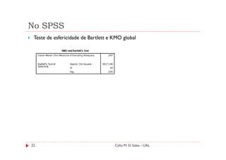 No SPSS
 Teste de esfericidade de Bartlett e KMO global




22                                   Célia M. D. Sales - UAL
 