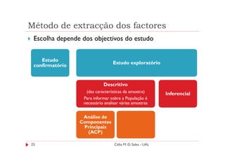 Método de extracção dos factores
 Escolha depende dos objectivos do estudo


    Estudo
                                  Estudo exploratório
 confirmatório


                            Descritivo
                   (das características da amostra)         Inferencial
                  Para informar sobre a População é
                  necessário analisar várias amostras


                  Análise de
                 Componentes
                  Principais
                   (ACP)

25                                Célia M. D. Sales - UAL
 