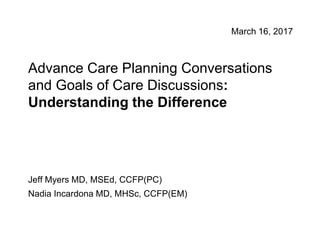 Advance Care Planning Conversations
and Goals of Care Discussions:
Understanding the Difference
Jeff Myers MD, MSEd, CCFP(PC)
Nadia Incardona MD, MHSc, CCFP(EM)
March 16, 2017
 
