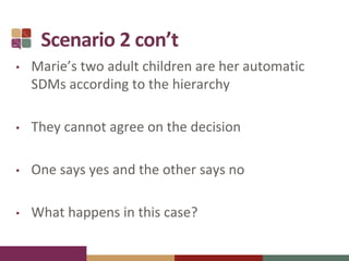 Scenario 2 con’t
• Marie’s two adult children are her automatic
SDMs according to the hierarchy
• They cannot agree on the decision
• One says yes and the other says no
• What happens in this case?
 