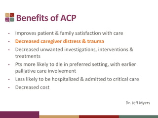 Benefits of ACP
• Improves patient & family satisfaction with care
• Decreased caregiver distress & trauma
• Decreased unwanted investigations, interventions &
treatments
• Pts more likely to die in preferred setting, with earlier
palliative care involvement
• Less likely to be hospitalized & admitted to critical care
• Decreased cost
Dr. Jeff Myers
 