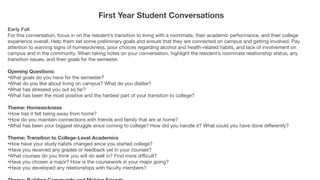 First Year Student Conversations
Early Fall
For this conversation, focus in on the resident’s transition to living with a ...