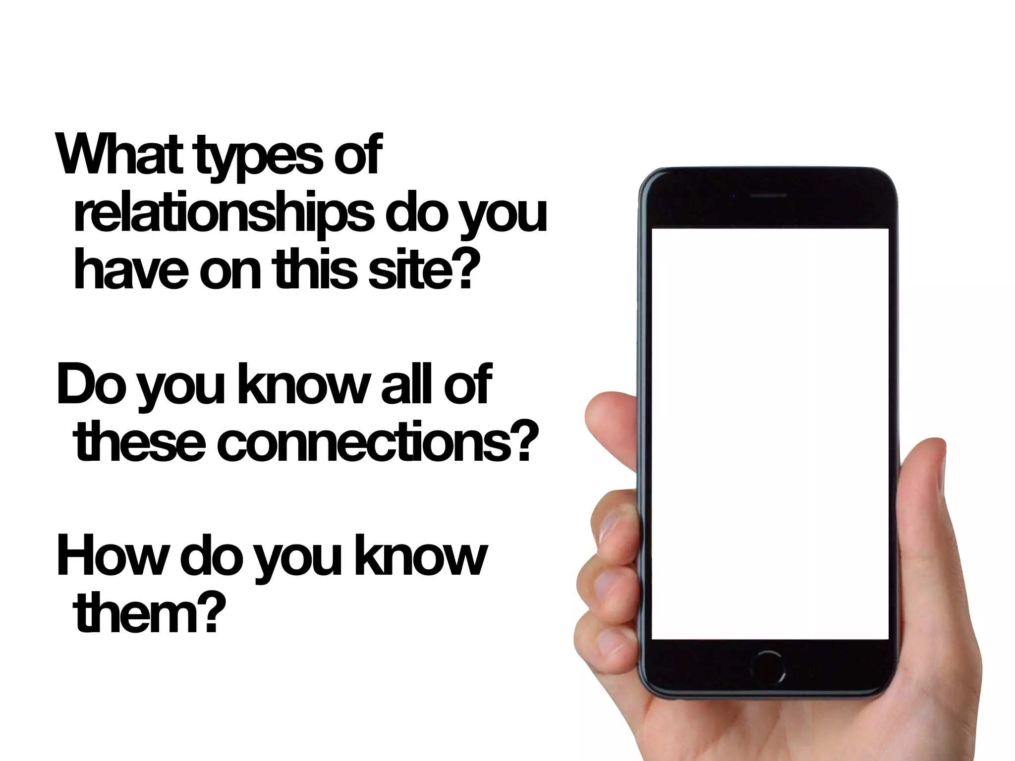 Whattypesof
relationshipsdoyou
haveonthissite?
Doyouknowallof
theseconnections?
Howdoyouknow
them?
 